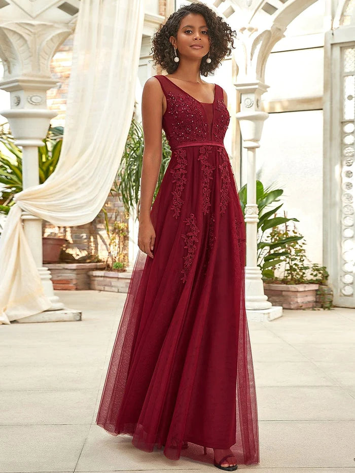 Elegant Sleeveless Applique Flowy Tulle  Wedding Guest Floor Length Sleeveless Evening Dress