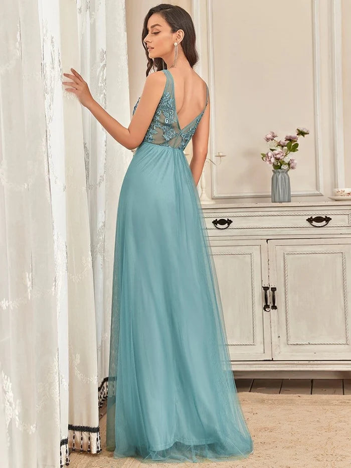 Elegant Sleeveless Applique Flowy Tulle  Wedding Guest Floor Length Sleeveless Evening Dress