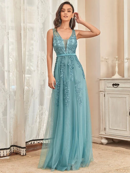 Elegant Sleeveless Applique Flowy Tulle  Wedding Guest Floor Length Sleeveless Evening Dress