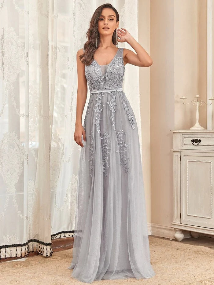 Elegant Sleeveless Applique Flowy Tulle  Wedding Guest Floor Length Sleeveless Evening Dress