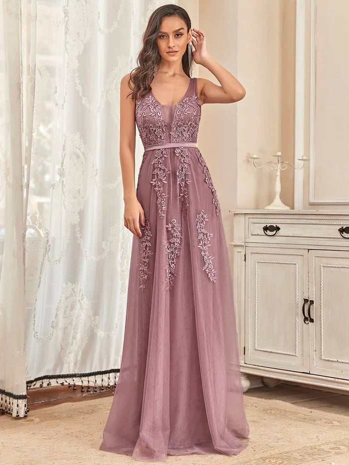 Elegant Sleeveless Applique Flowy Tulle  Wedding Guest Floor Length Sleeveless Evening Dress