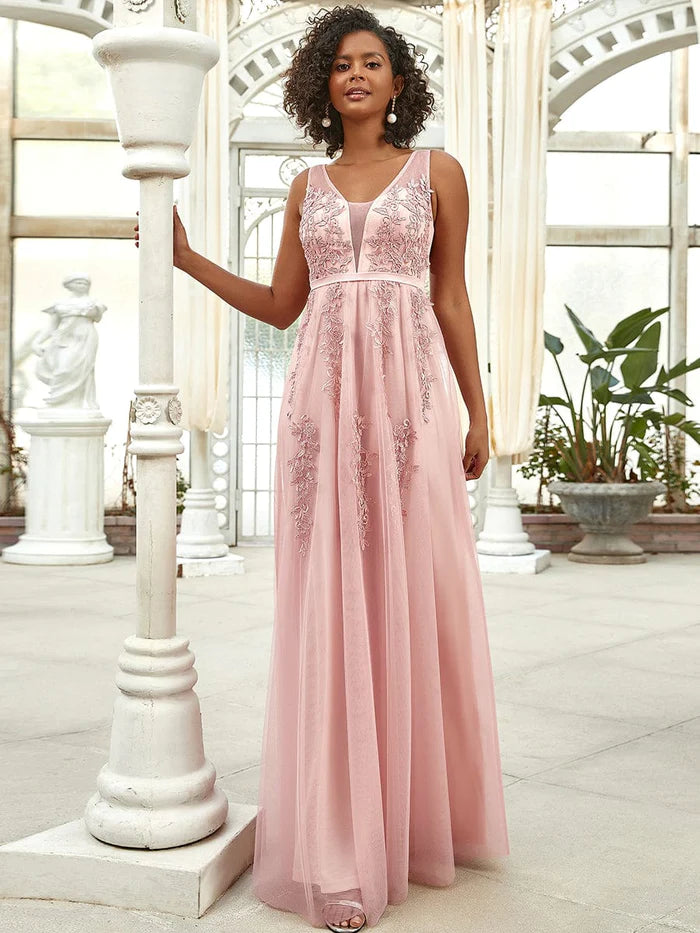 Elegant Sleeveless Applique Flowy Tulle  Wedding Guest Floor Length Sleeveless Evening Dress