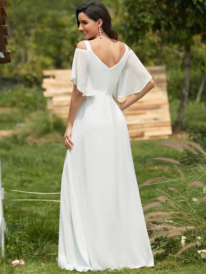 Women's Off Shoulder Floor Length Bridesmaid Dress with Ruffle Sleeves