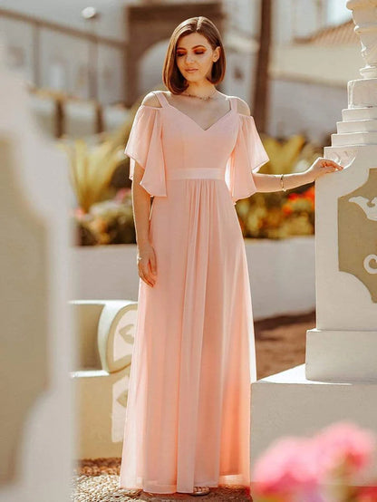 Women's Off Shoulder Floor Length Bridesmaid Dress with Ruffle Sleeves