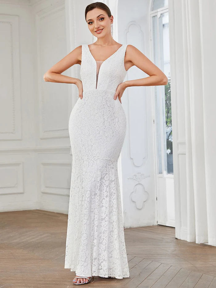 Sexy V Back Fitted Lace Mermaid Evening Dress