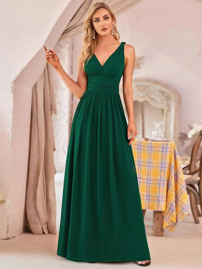 V Neck Sleeveless Pleated Chiffon Evening Dress