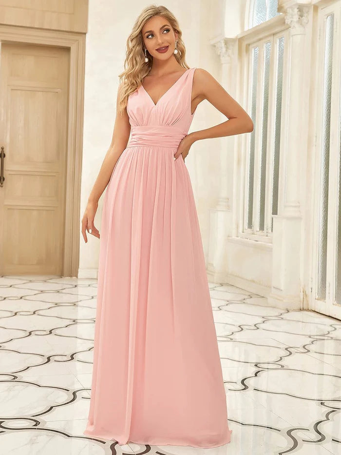 V Neck Sleeveless Pleated Chiffon Evening Dress