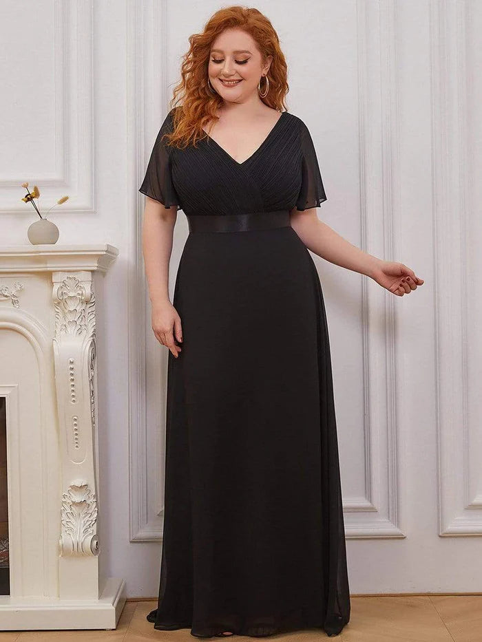 Plus Size Long Empire Waist Bridesmaid Dress with Short Flutter Sleeves