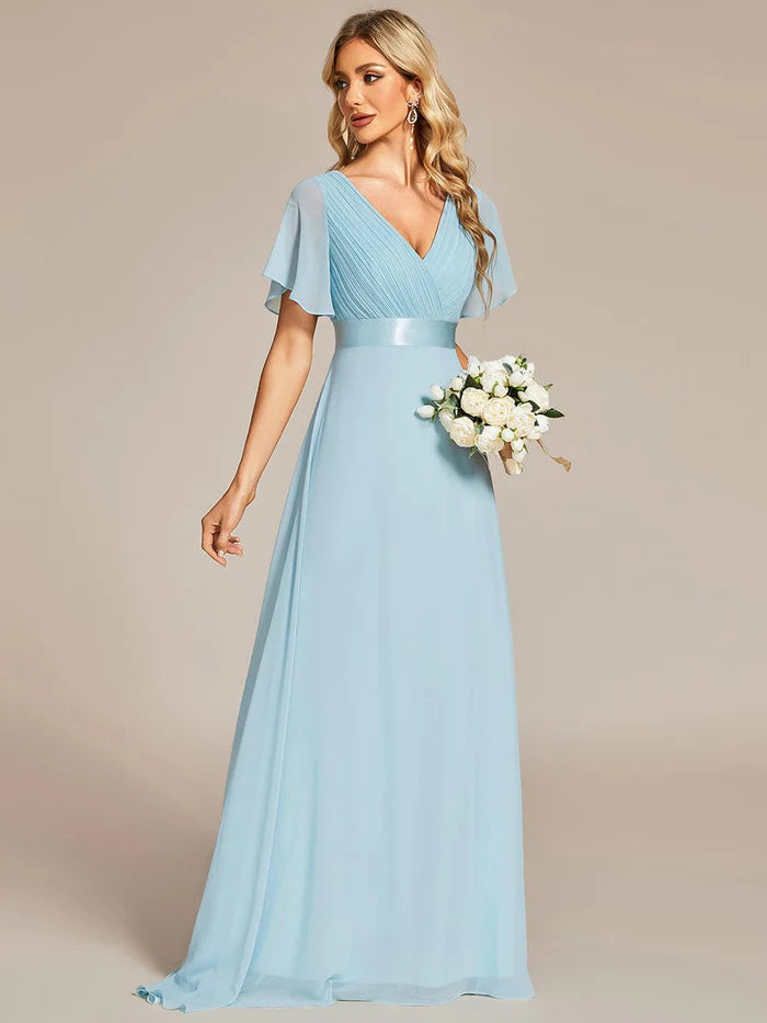 High Waist Wedding Guest Floor Length Short Sleeves Bridesmaid Dress