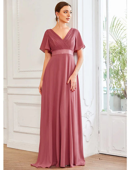 High Waist Wedding Guest Floor Length Short Sleeves Bridesmaid Dress