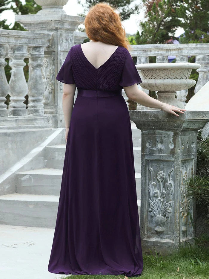 Plus Size Long Empire Waist Bridesmaid Dress with Short Flutter Sleeves