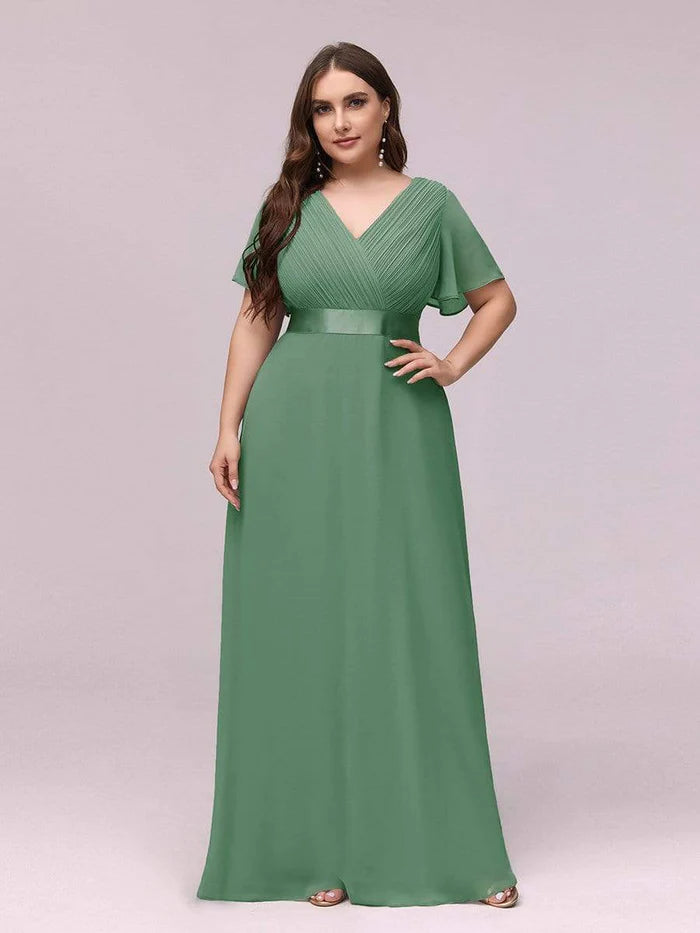 Plus Size Long Empire Waist Bridesmaid Dress with Short Flutter Sleeves