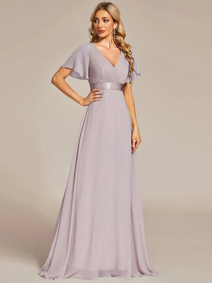 High Waist Wedding Guest Floor Length Short Sleeves Bridesmaid Dress