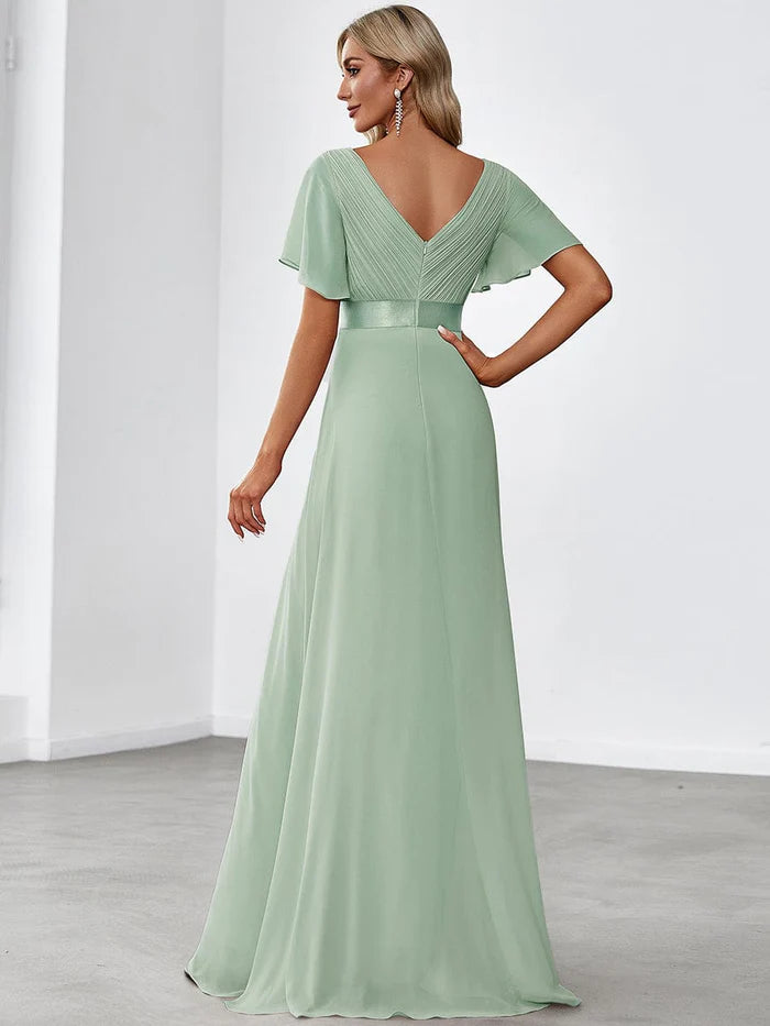 High Waist Wedding Guest Floor Length Short Sleeves Bridesmaid Dress