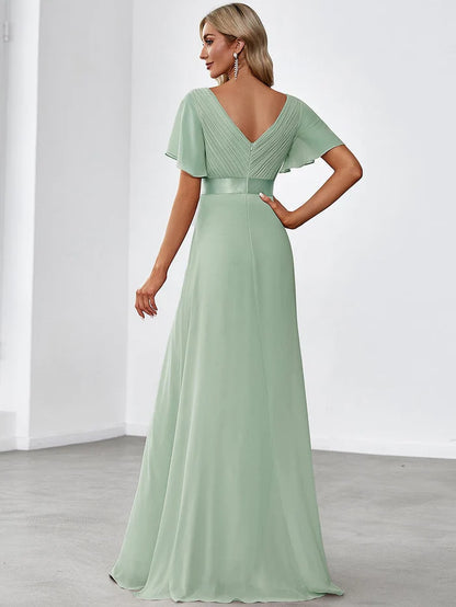 High Waist Wedding Guest Floor Length Short Sleeves Bridesmaid Dress