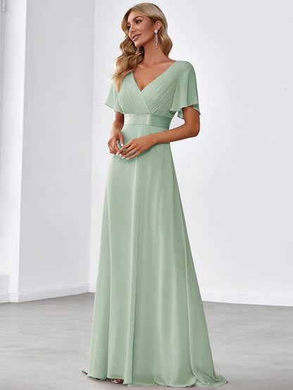 High Waist Wedding Guest Floor Length Short Sleeves Bridesmaid Dress