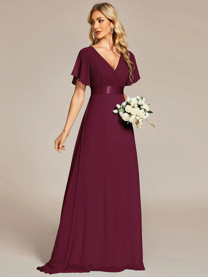 High Waist Wedding Guest Floor Length Short Sleeves Bridesmaid Dress