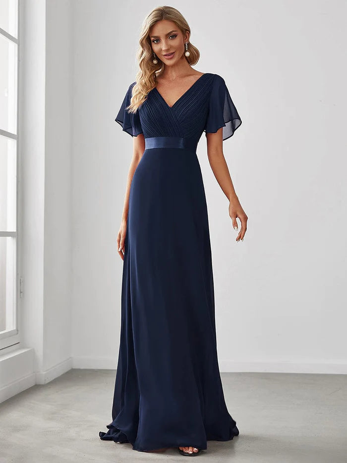 Long Empire Waist Bridesmaid Dress with Short Flutter Sleeves