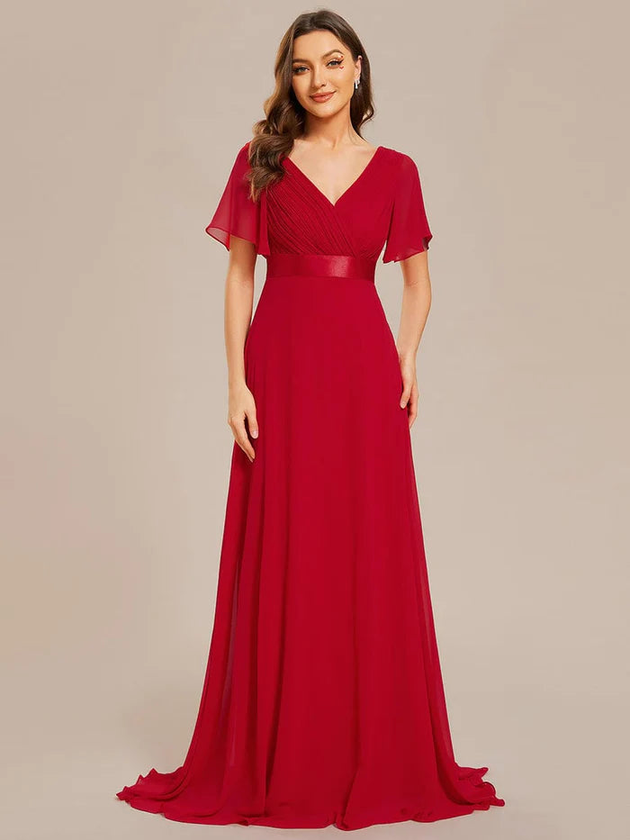 High Waist Wedding Guest Floor Length Short Sleeves Bridesmaid Dress