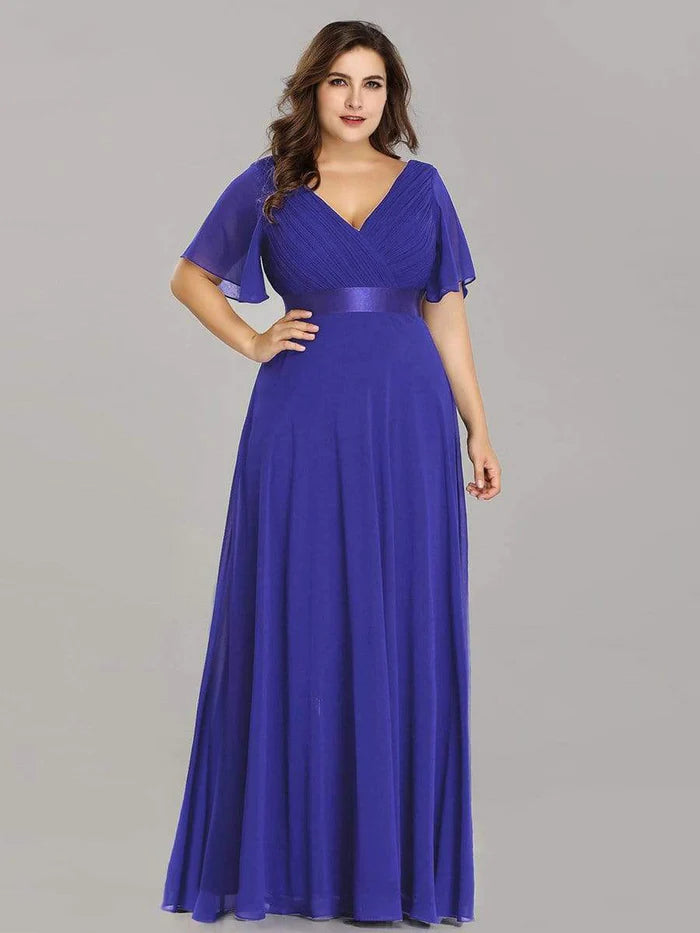 Plus Size Long Empire Waist Bridesmaid Dress with Short Flutter Sleeves