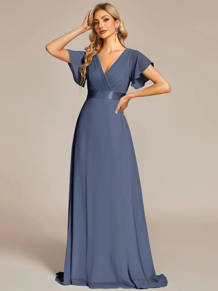 High Waist Wedding Guest Floor Length Short Sleeves Bridesmaid Dress