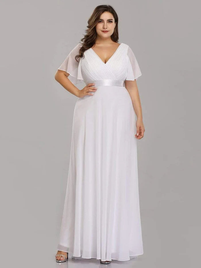 Plus Size Long Empire Waist Bridesmaid Dress with Short Flutter Sleeves