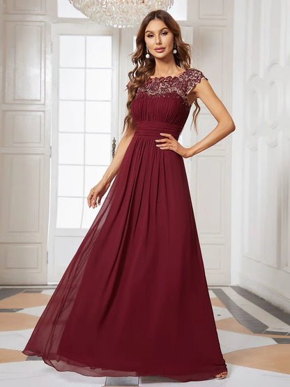 Elegant Maxi Long Lace Cap Sleeve Bridesmaid Dress