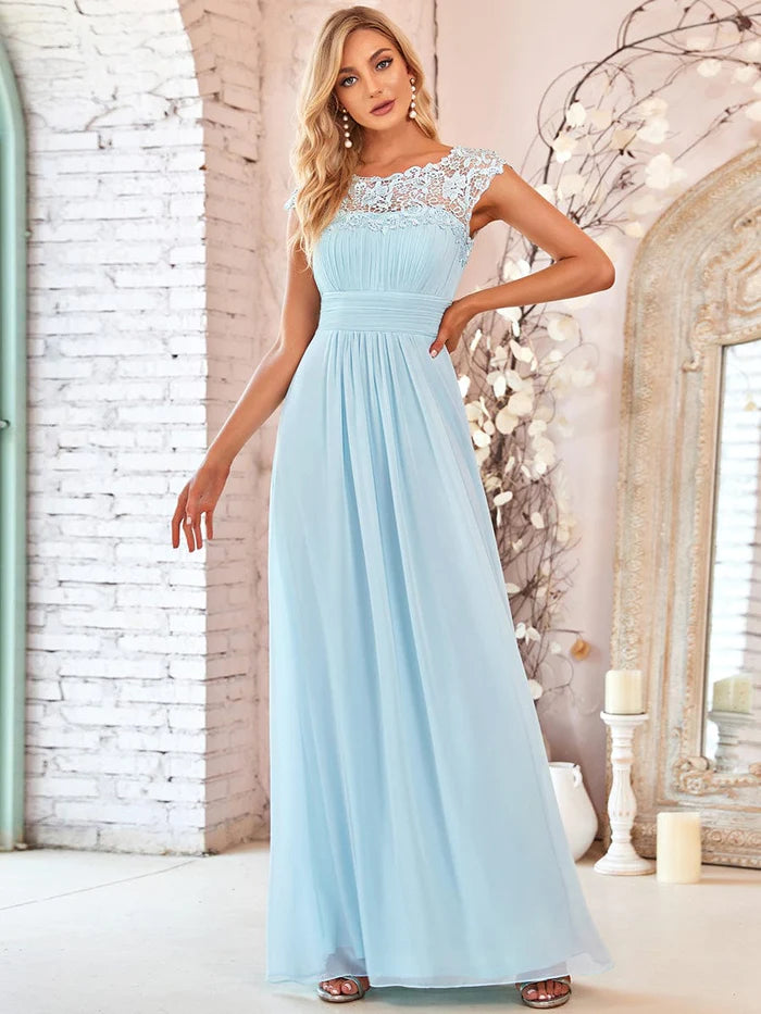 Elegant Maxi Long Lace Cap Sleeve Bridesmaid Dress