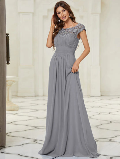 Elegant Maxi Long Lace Cap Sleeve Bridesmaid Dress