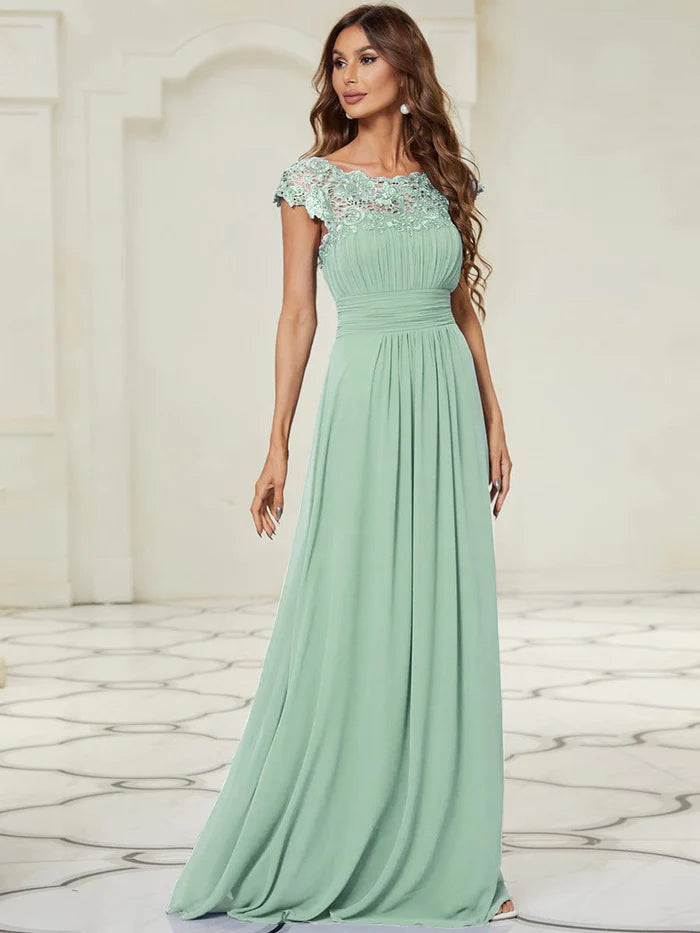 Elegant Maxi Long Lace Cap Sleeve Bridesmaid Dress