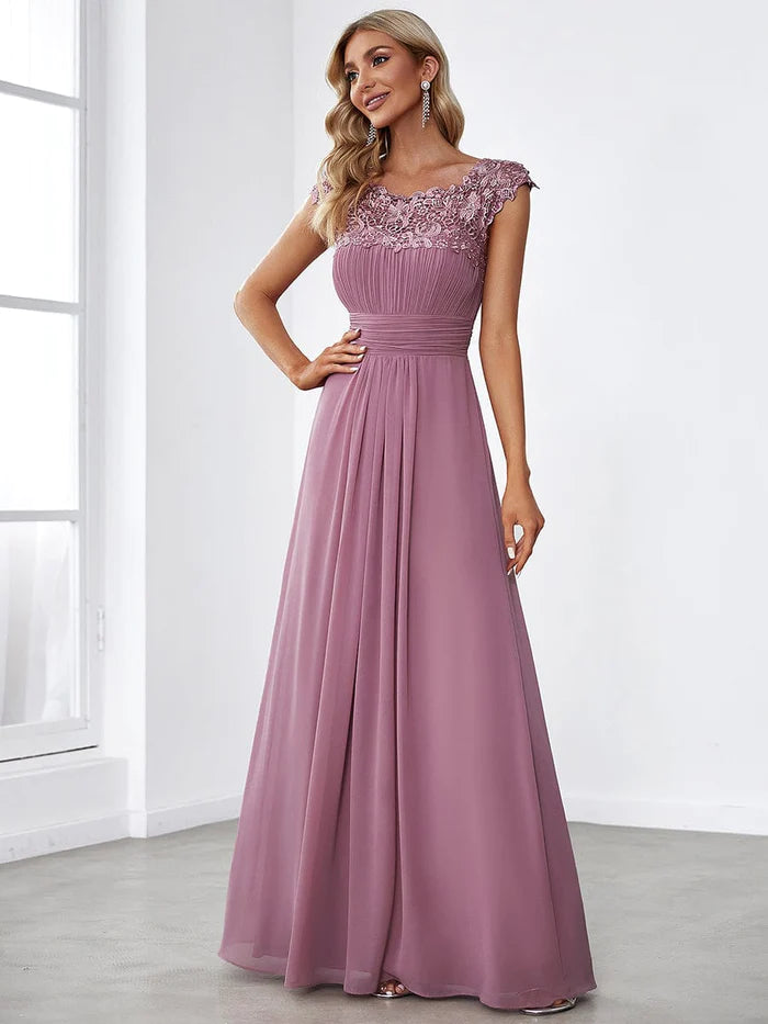 Elegant Maxi Long Lace Cap Sleeve Prom Dresses Bridesmaid Dress Charming Evening Party Dress