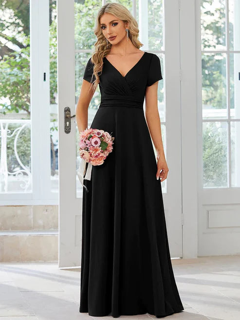 Simple Pleated Empire Waist A-Line V-neck Floor Length Bridesmaid Dress/Prom Dresses Party Dresses Wedding Guest Dresses