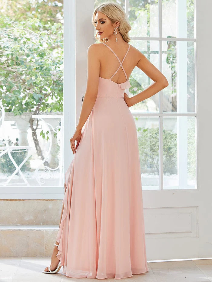 Custom Size Front Slit Sweetheart Crossed Back Tie Chiffon Bridesmaid Dress