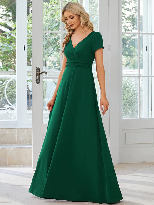 Simple Pleated Empire Waist A-Line V-neck Floor Length Bridesmaid Dress/Prom Dresses Party Dresses Wedding Guest Dresses