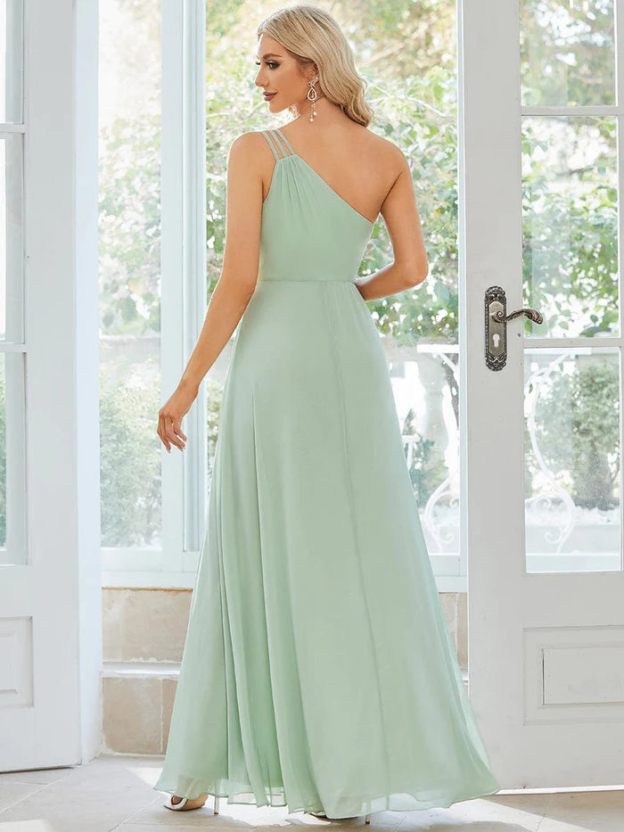 Flowy Chiffon One-Shoulder Bridesmaid Dress with Spaghetti Strap