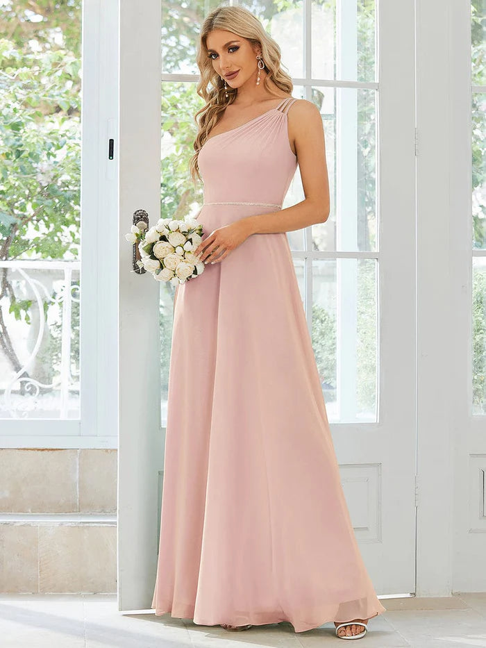 Flowy Chiffon One-Shoulder Bridesmaid Dress with Spaghetti Strap
