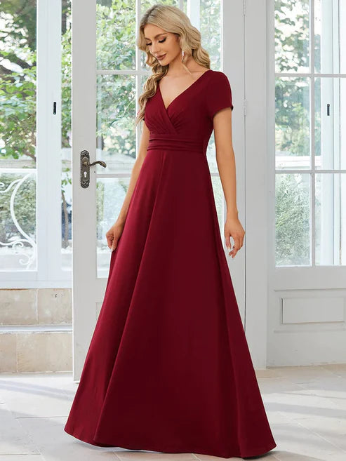Simple Pleated Empire Waist A-Line V-neck Floor Length Bridesmaid Dress/Prom Dresses Party Dresses Wedding Guest Dresses