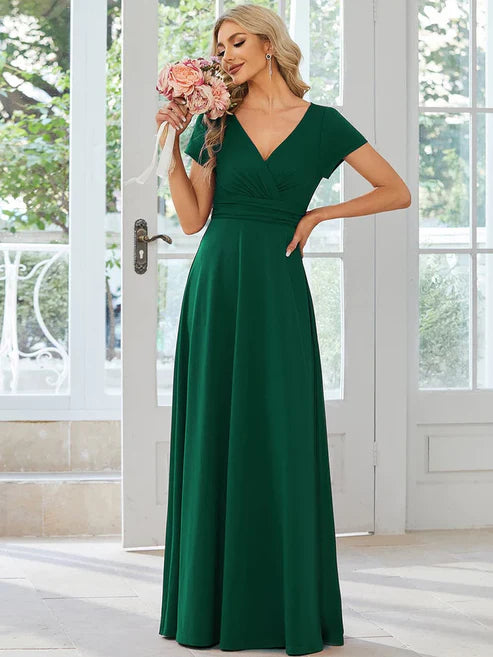 Simple Pleated Empire Waist A-Line V-neck Floor Length Bridesmaid Dress/Prom Dresses Party Dresses Wedding Guest Dresses