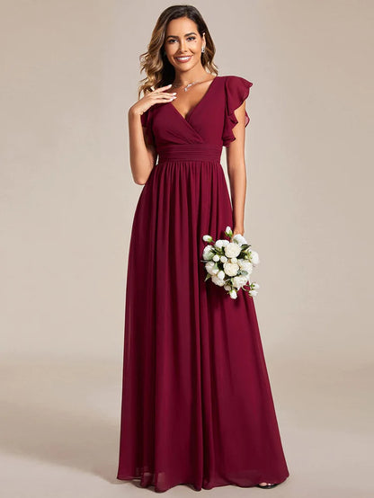 Elegant V-Neck Open Back Chiffon Bridesmaid Dress with Ruffled Sleeves