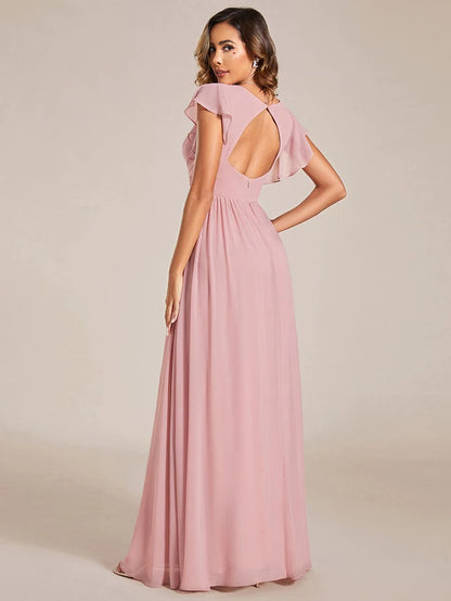 Elegant V-Neck Open Back Chiffon Bridesmaid Dress with Ruffled Sleeves