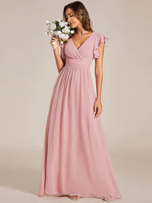 Elegant V-Neck Open Back Chiffon Bridesmaid Dress with Ruffled Sleeves