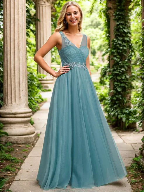 See-Through Shoulder Strap Flower Decoration Tulle Bridesmaid Dress/Prom Dresses Party Dresses