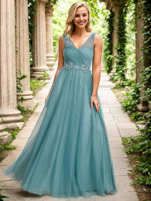 See-Through Shoulder Strap Flower Decoration Tulle Bridesmaid Dress/Prom Dresses Party Dresses