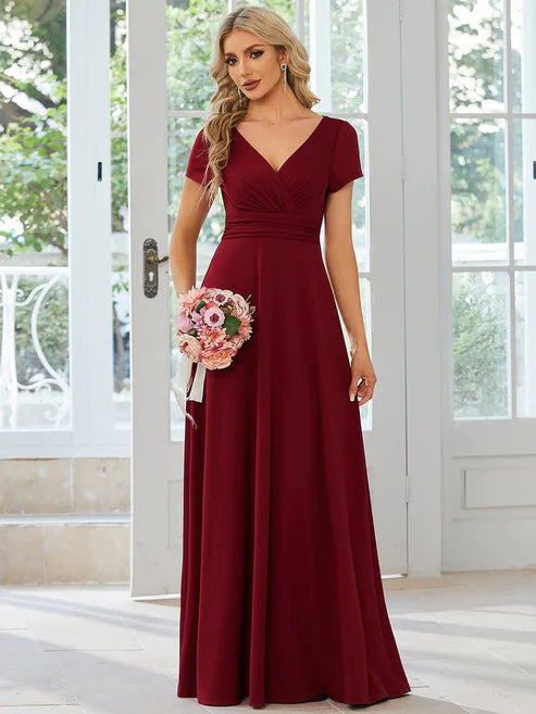 Simple Pleated Empire Waist A-Line V-neck Floor Length Bridesmaid Dress/Prom Dresses Party Dresses Wedding Guest Dresses