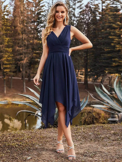 Simple V-Neck Irregular Hem Chiffon Midi Bridesmaid Dress