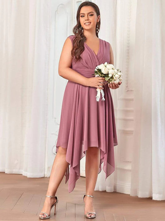 Plus Size Knee Length Asymmetrical Hem Chiffon Bridesmaid Dress