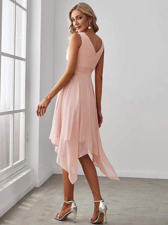 Simple V-Neck Irregular Hem Chiffon Midi Bridesmaid Dress