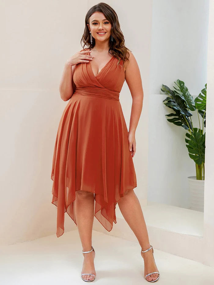 Plus Size Knee Length Asymmetrical Hem Chiffon Bridesmaid Dress