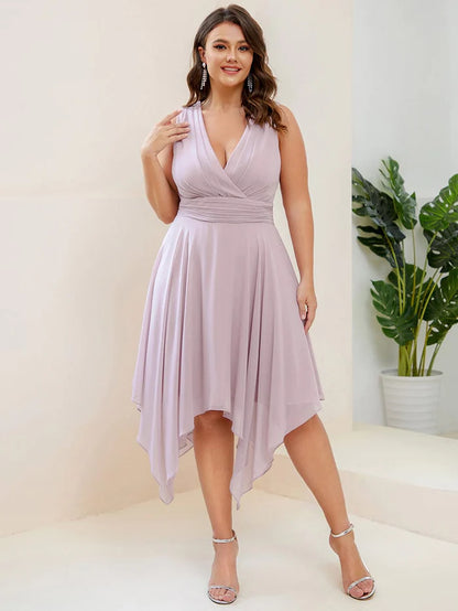 Plus Size Knee Length Asymmetrical Hem Chiffon Bridesmaid Dress