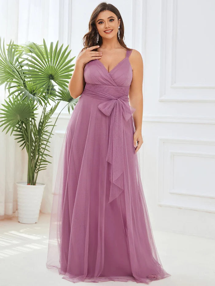 Plus Size Maxi Long Double V Neck Tulle Bridesmaid Dresses